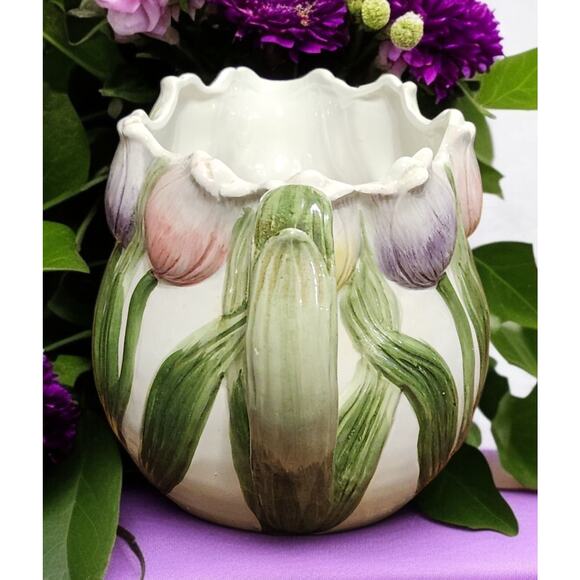 Fitz and Floyd Omnibus Tulip Pitcher 1990 Yellow Pink Purple Green Handpainted - Picture 2 of 7